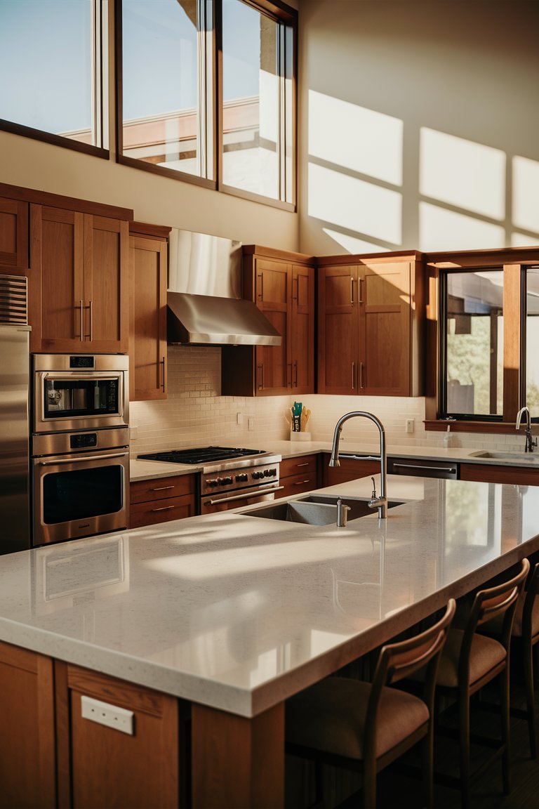 Modern kitchen featuring oak cabinets and stainless steel appliances