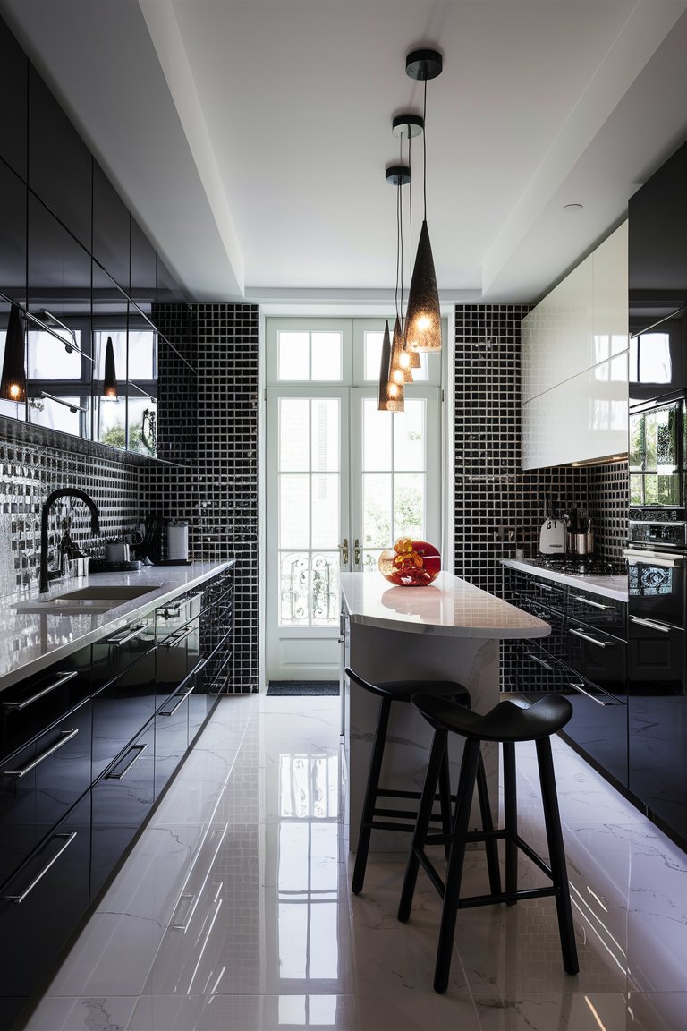 Stylish small modern black and white kitchen with efficient layout