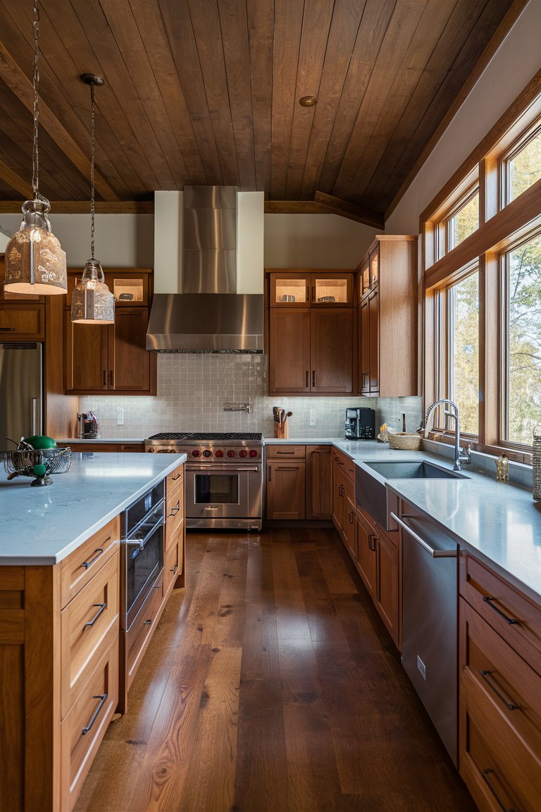 Elegant modern craftsman kitchen featuring wood cabinetry, stainless steel appliances, and natural light